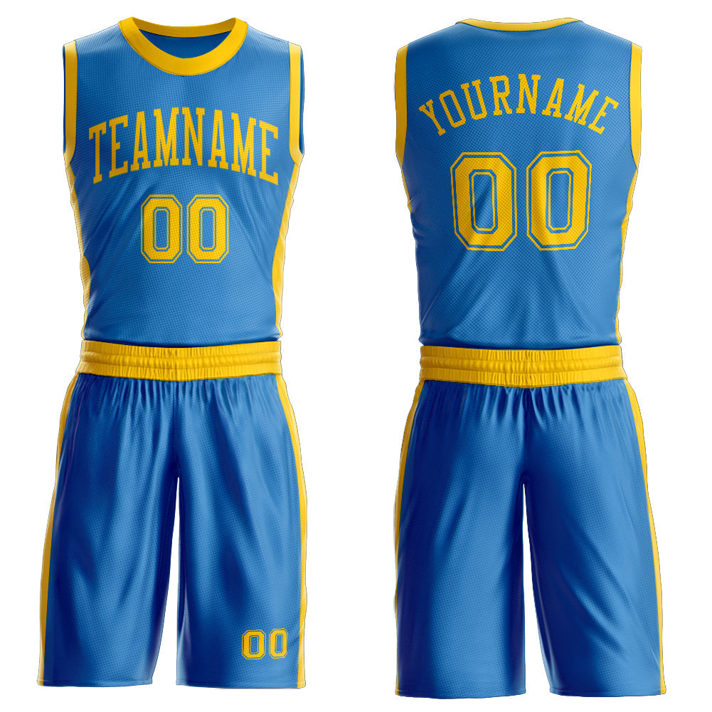 Custom Blue Gold Round Neck Basketball Uniform Jersey