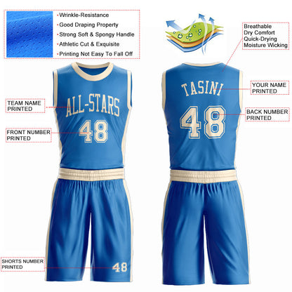 Custom Blue Cream Round Neck Basketball Uniform Jersey