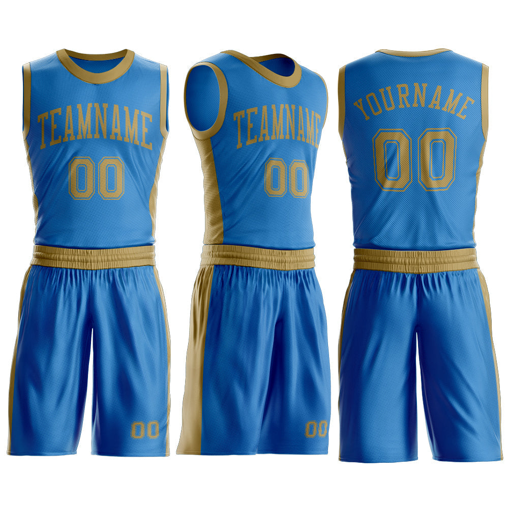 Custom Blue Old Gold Round Neck Basketball Uniform Jersey