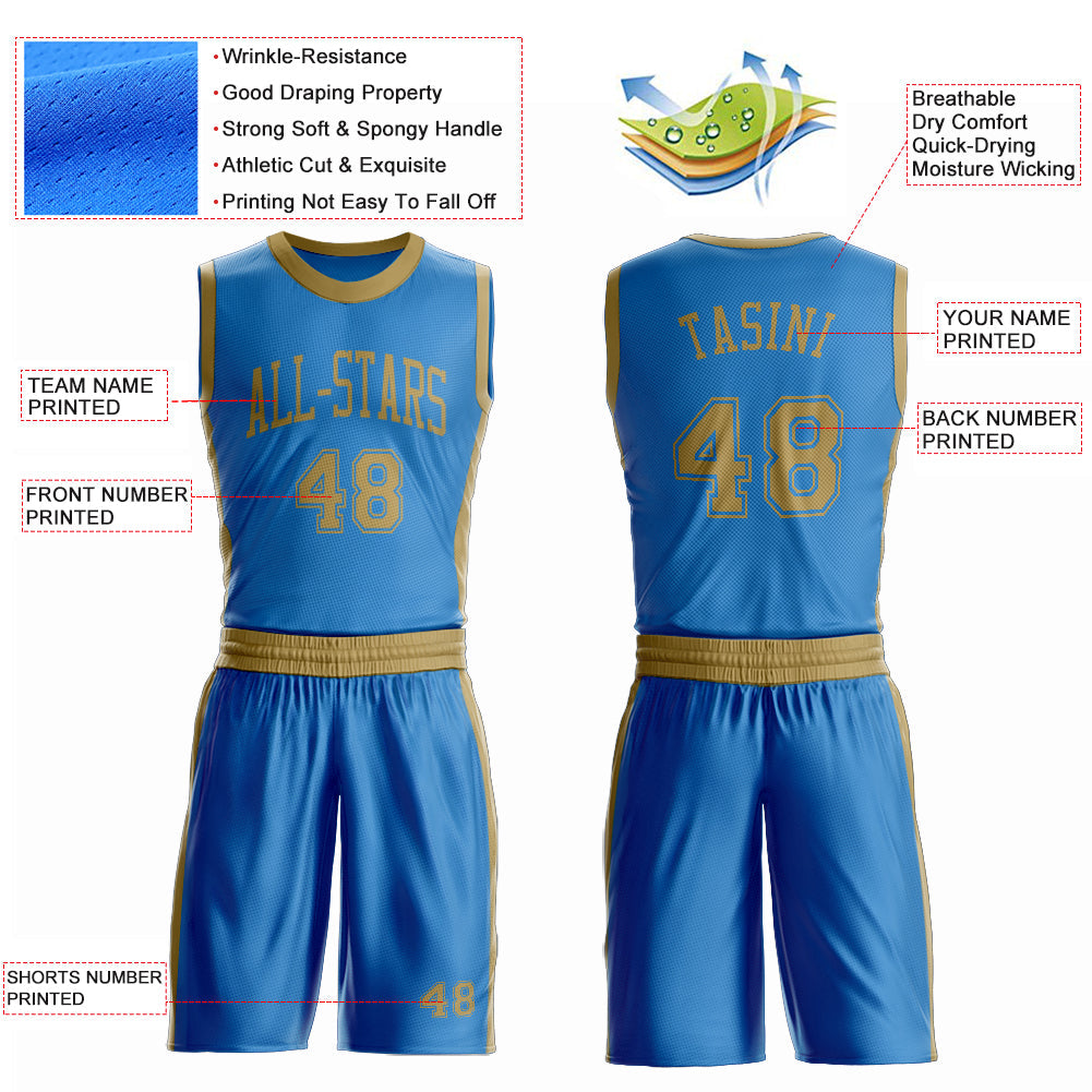 Custom Blue Old Gold Round Neck Basketball Uniform Jersey