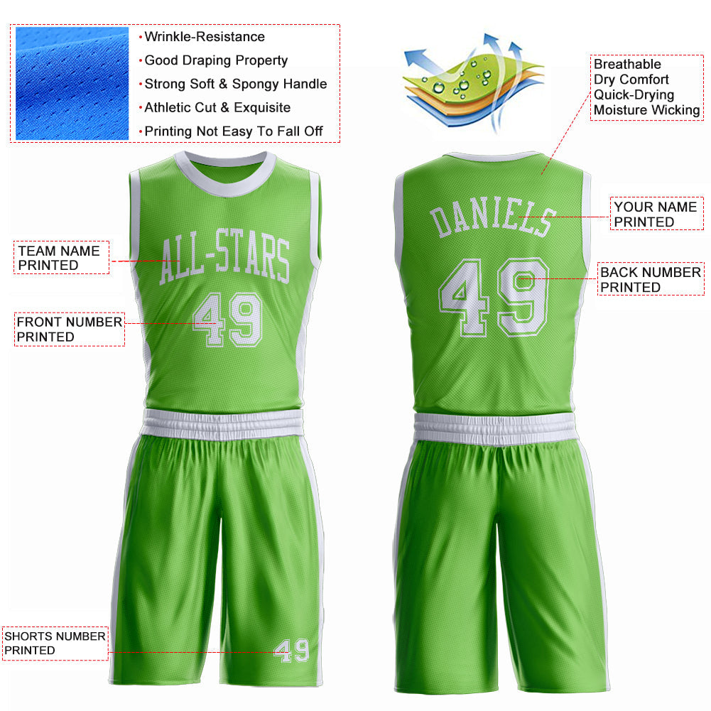 Custom Neon Green White Round Neck Basketball Uniform Jersey