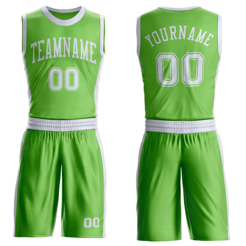 Custom Neon Green White Round Neck Basketball Uniform Jersey