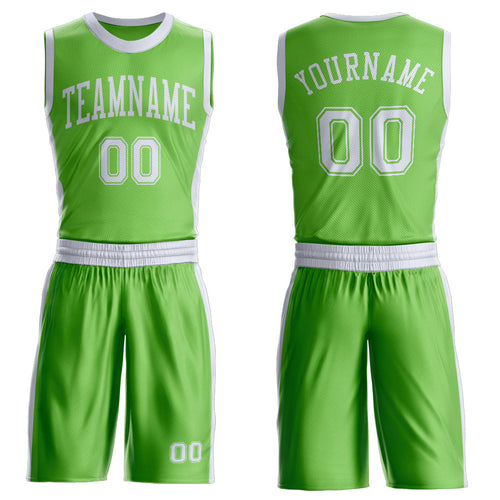 Custom Neon Green White Round Neck Basketball Uniform Jersey