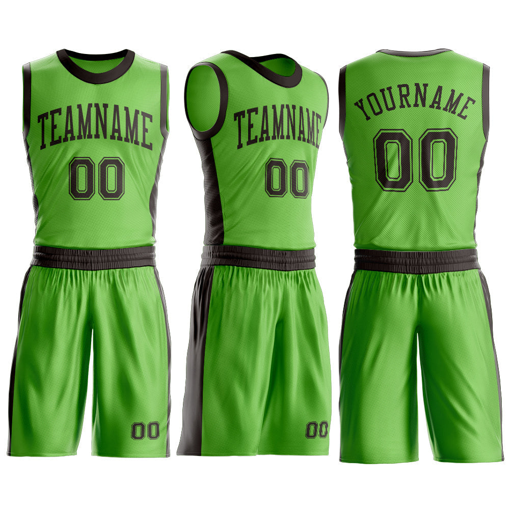 Custom Neon Green Brown Round Neck Basketball Uniform Jersey