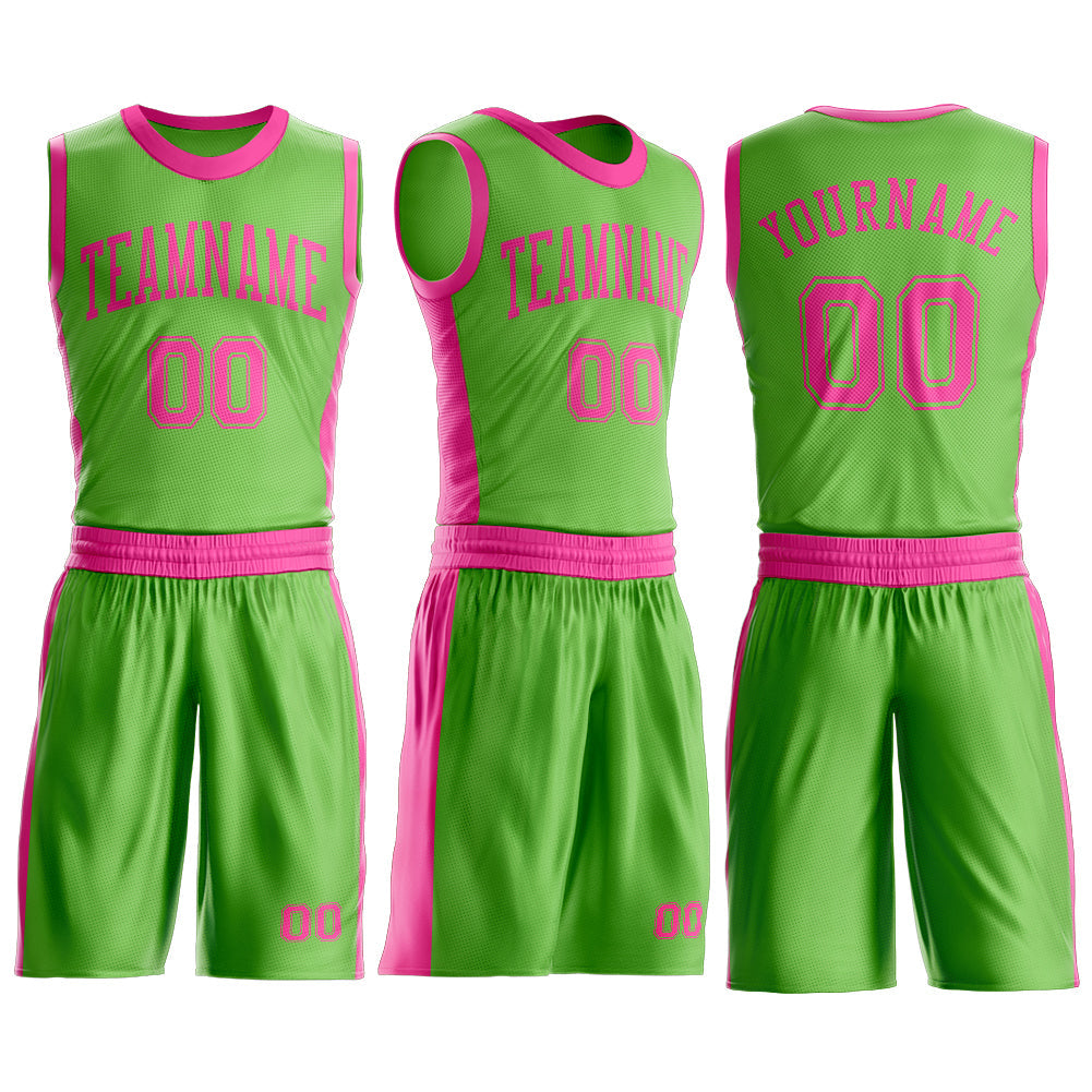 Custom Neon Green Pink Round Neck Basketball Uniform Jersey
