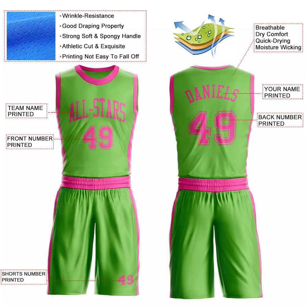 Custom Neon Green Pink Round Neck Basketball Uniform Jersey