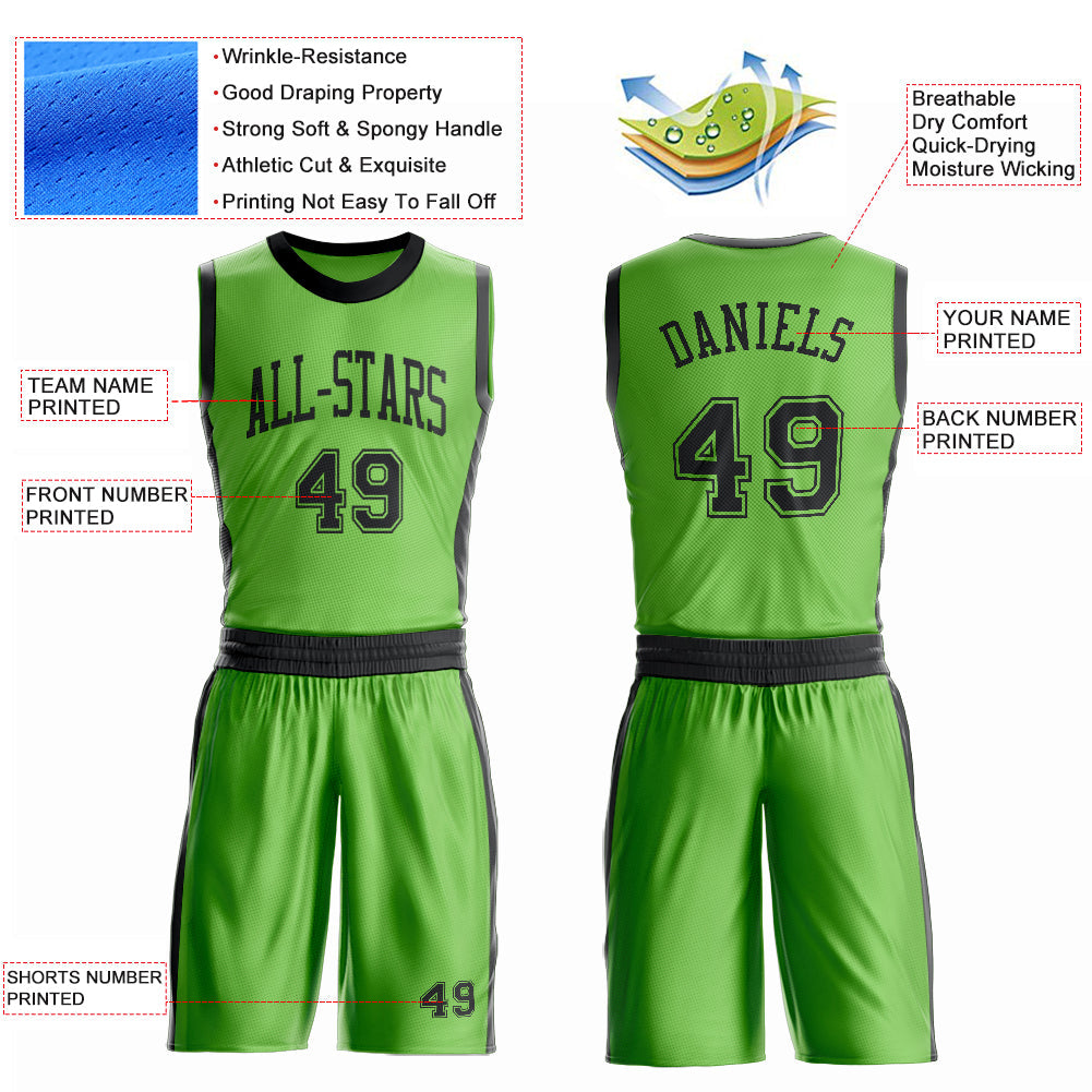 Custom Neon Green Black Round Neck Basketball Uniform Jersey