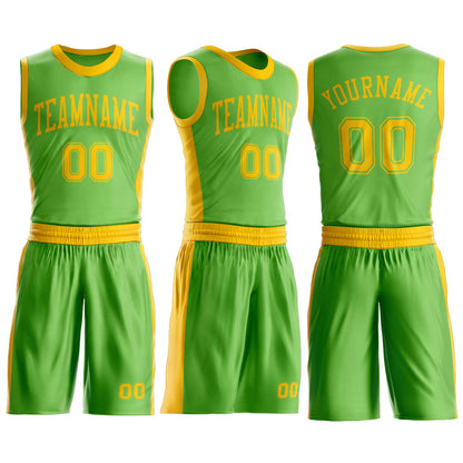 Custom Neon Green Gold Round Neck Basketball Uniform Jersey