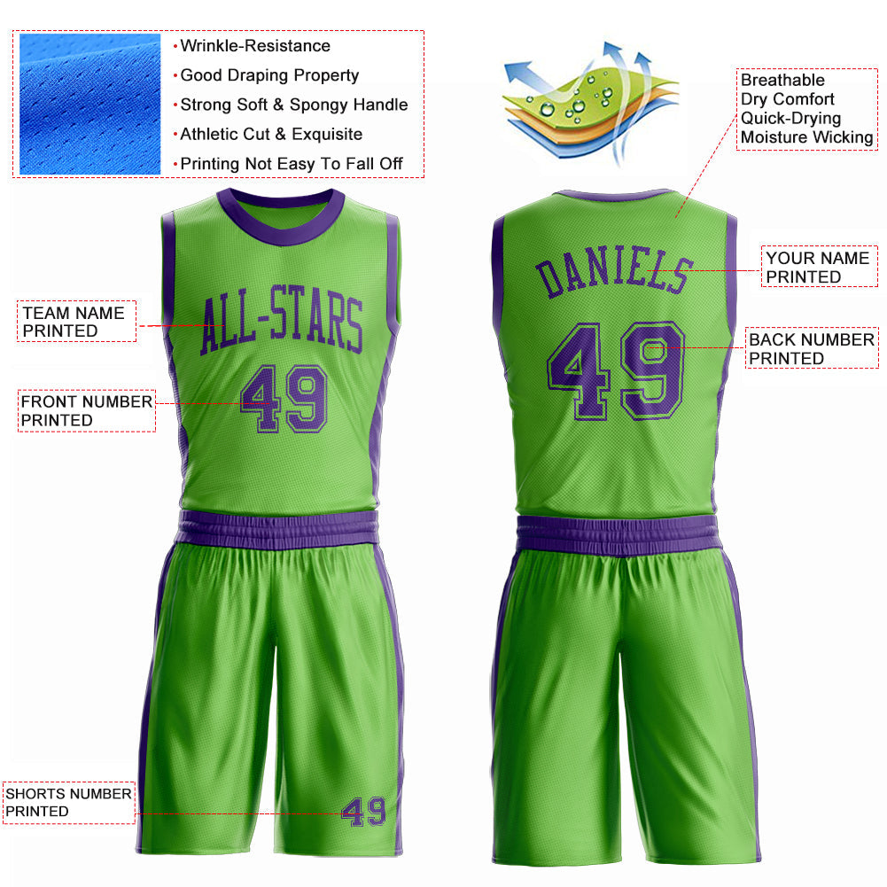 Custom Neon Green Purple Round Neck Basketball Uniform Jersey