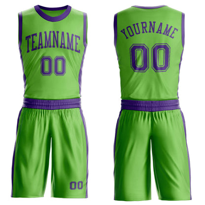 Custom Neon Green Purple Round Neck Basketball Uniform Jersey