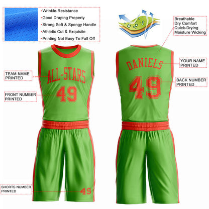 Custom Neon Green Orange Round Neck Basketball Uniform Jersey