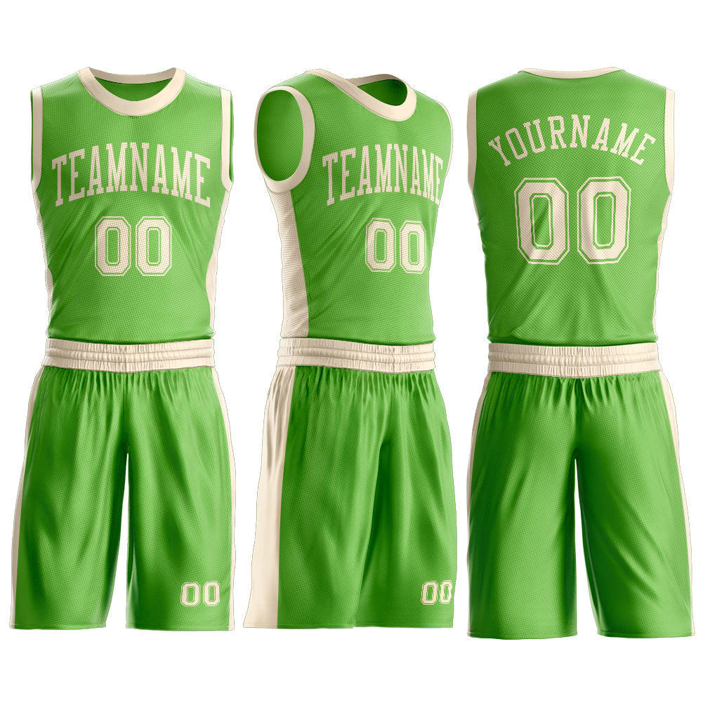 Custom Neon Green Cream Round Neck Basketball Uniform Jersey
