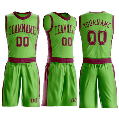 Custom Neon Green Maroon Round Neck Basketball Uniform Jersey