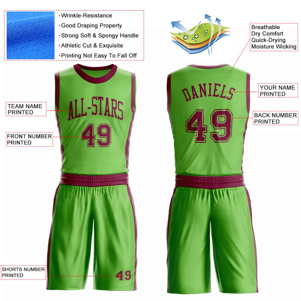 Custom Neon Green Maroon Round Neck Basketball Uniform Jersey