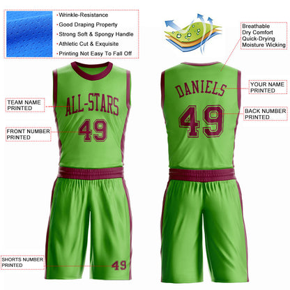 Custom Neon Green Maroon Round Neck Basketball Uniform Jersey