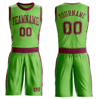 Custom Neon Green Maroon Round Neck Basketball Uniform Jersey
