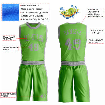 Custom Neon Green Gray Round Neck Basketball Uniform Jersey