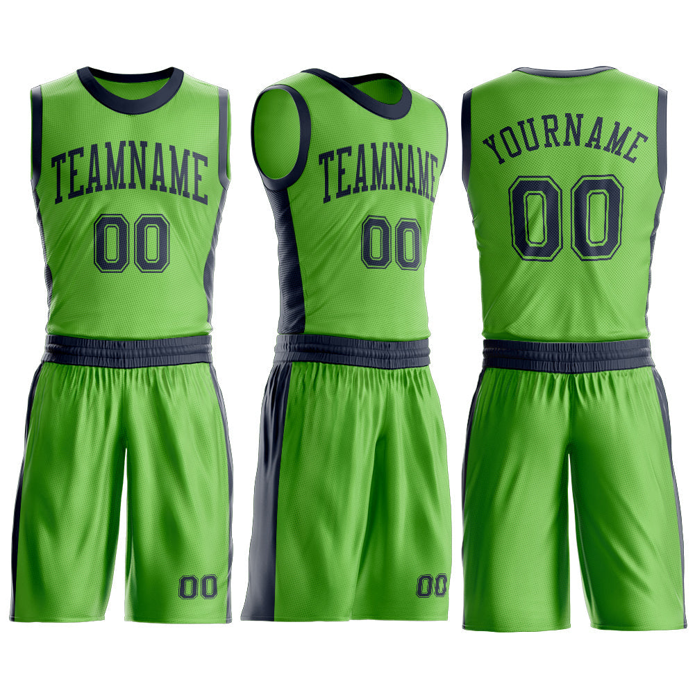 Custom Neon Green Navy Round Neck Basketball Uniform Jersey