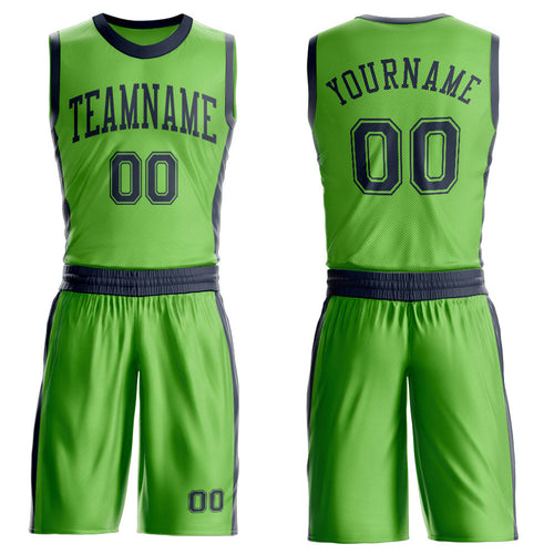 Custom Neon Green Navy Round Neck Basketball Uniform Jersey