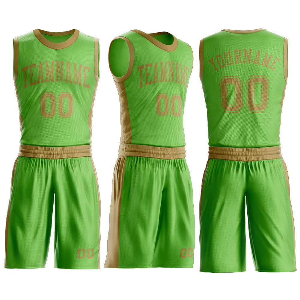 Custom Neon Green Old Gold Round Neck Basketball Uniform Jersey