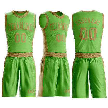 Custom Neon Green Old Gold Round Neck Basketball Uniform Jersey