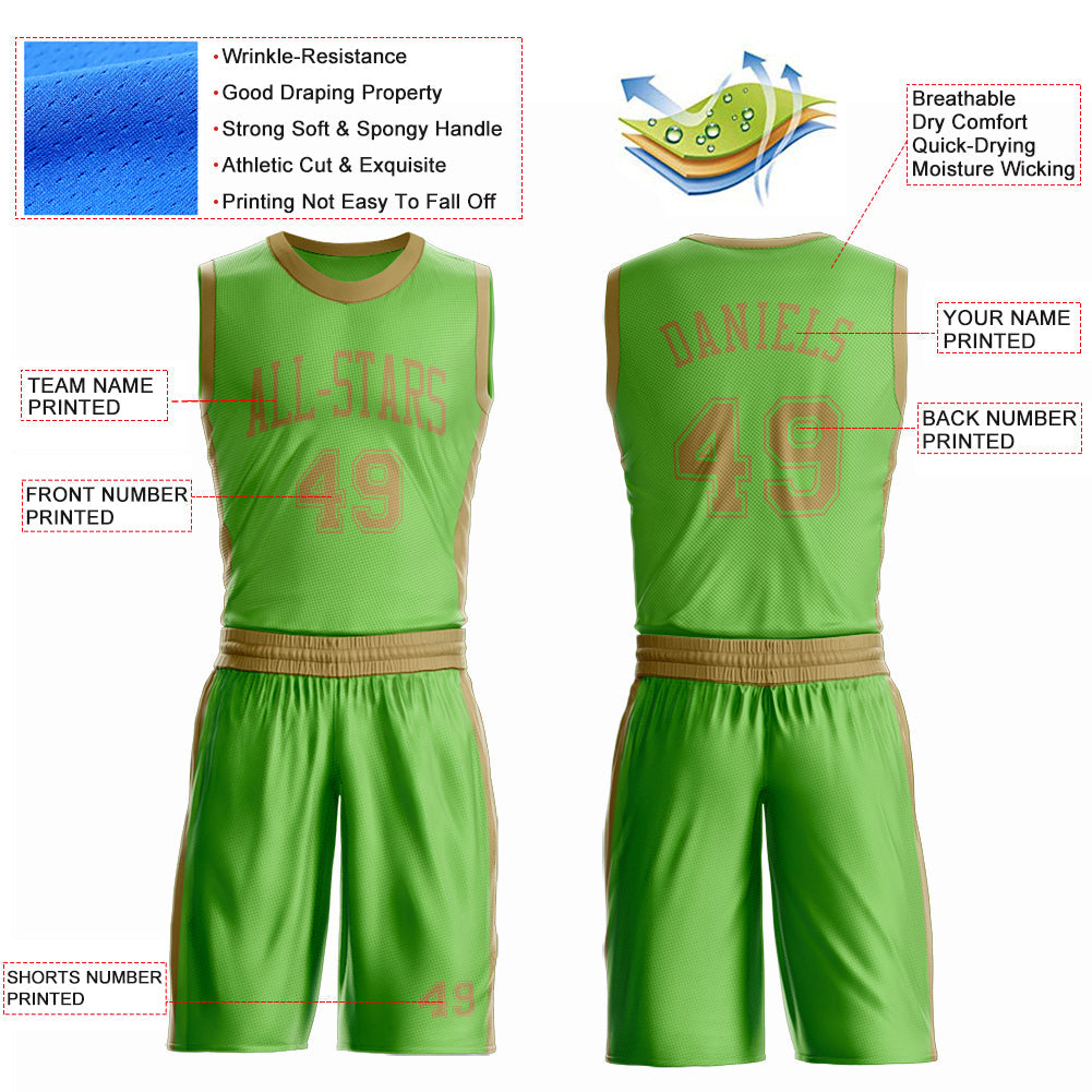 Custom Neon Green Old Gold Round Neck Basketball Uniform Jersey