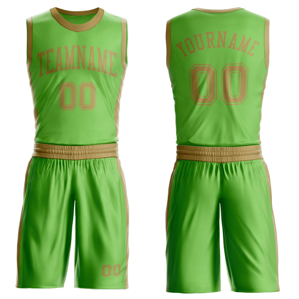 Custom Neon Green Old Gold Round Neck Basketball Uniform Jersey