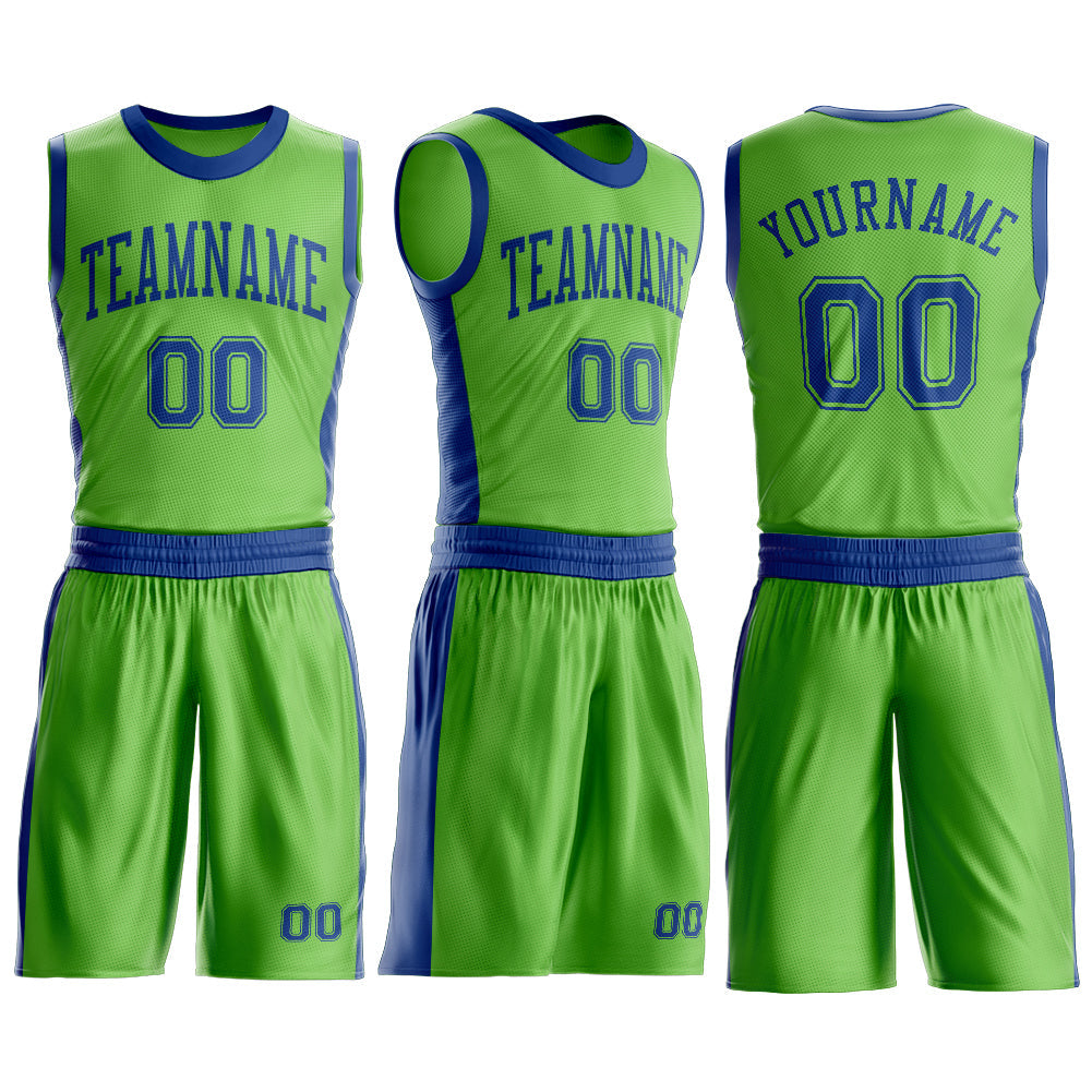 Custom Neon Green Royal Round Neck Basketball Uniform Jersey