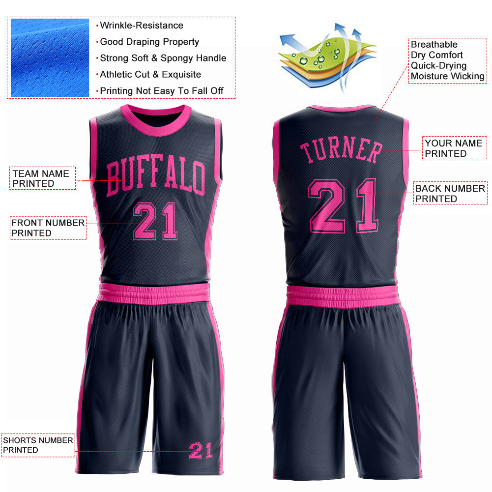 Custom Navy Pink Round Neck Basketball Uniform Jersey