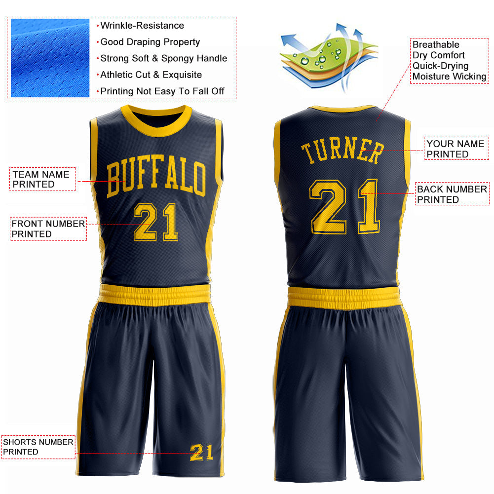 Custom Navy Gold Round Neck Basketball Uniform Jersey