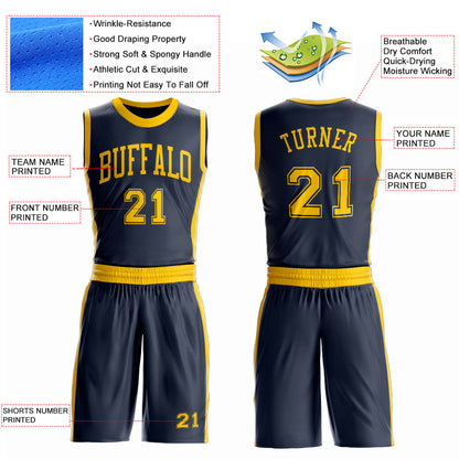 Custom Navy Gold Round Neck Basketball Uniform Jersey