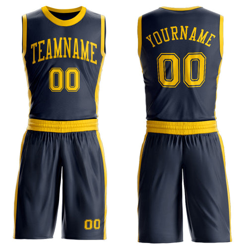 Custom Navy Gold Round Neck Basketball Uniform Jersey