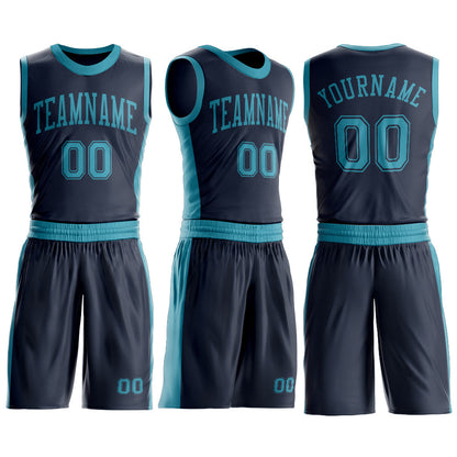 Custom Navy Teal Round Neck Basketball Uniform Jersey