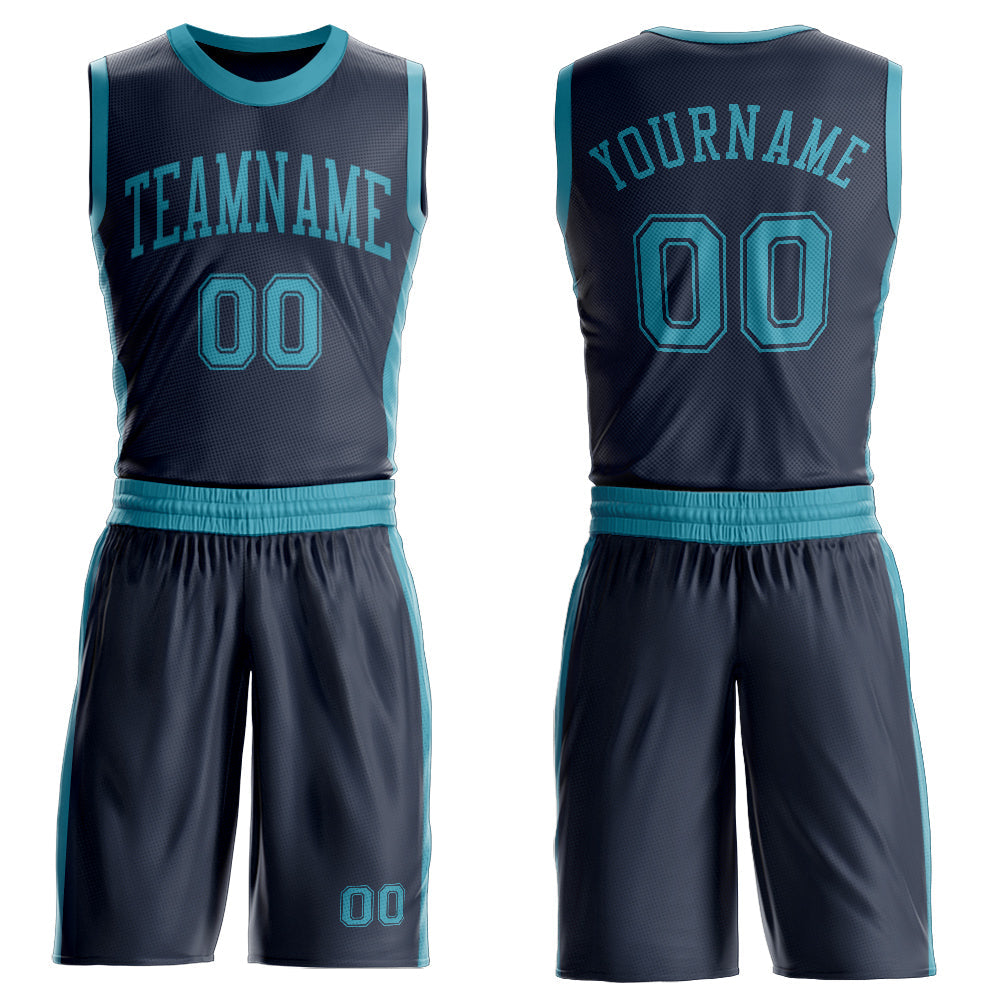 Custom Navy Teal Round Neck Basketball Uniform Jersey