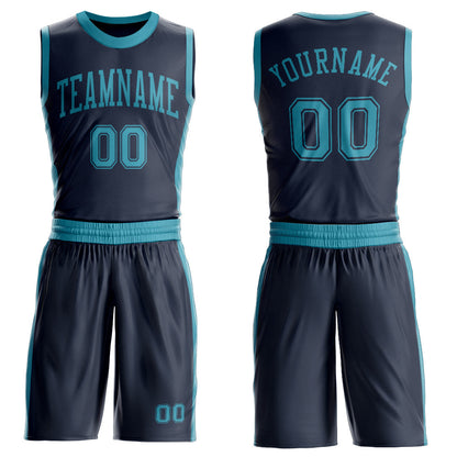 Custom Navy Teal Round Neck Basketball Uniform Jersey