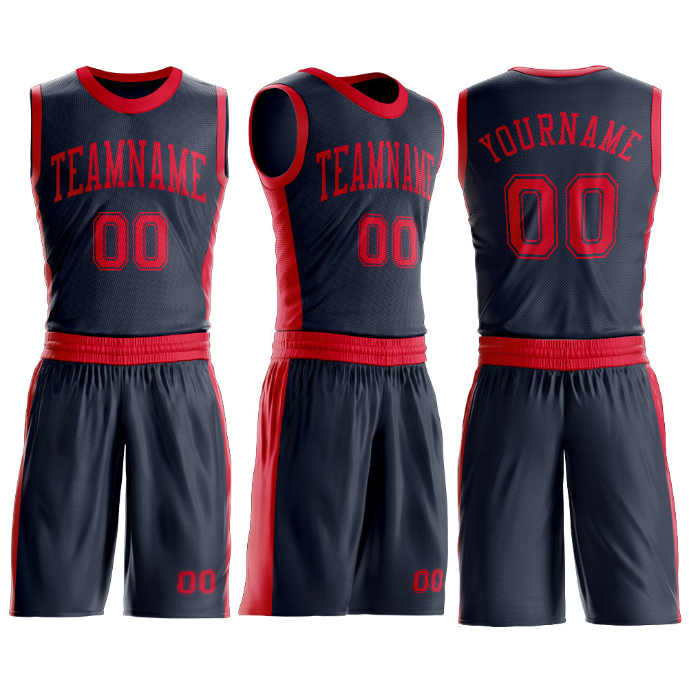 Custom Navy Red Round Neck Basketball Uniform Jersey