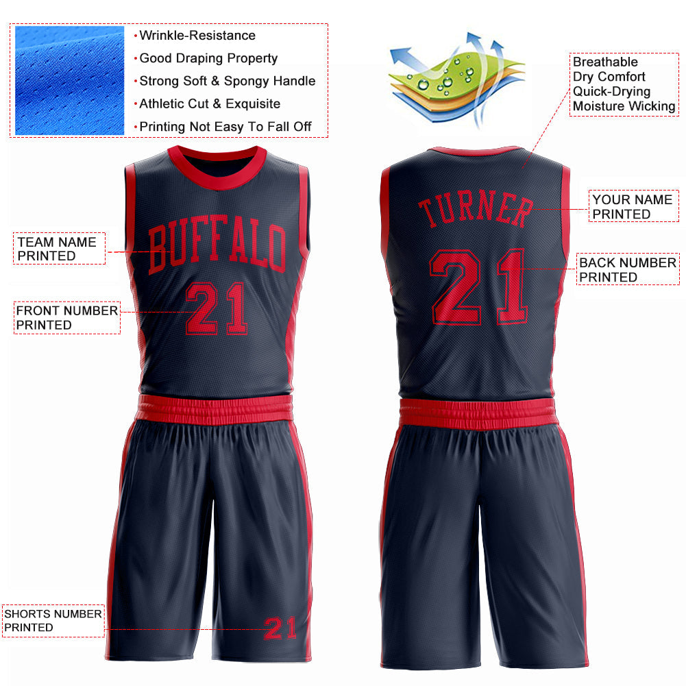 Custom Navy Red Round Neck Basketball Uniform Jersey