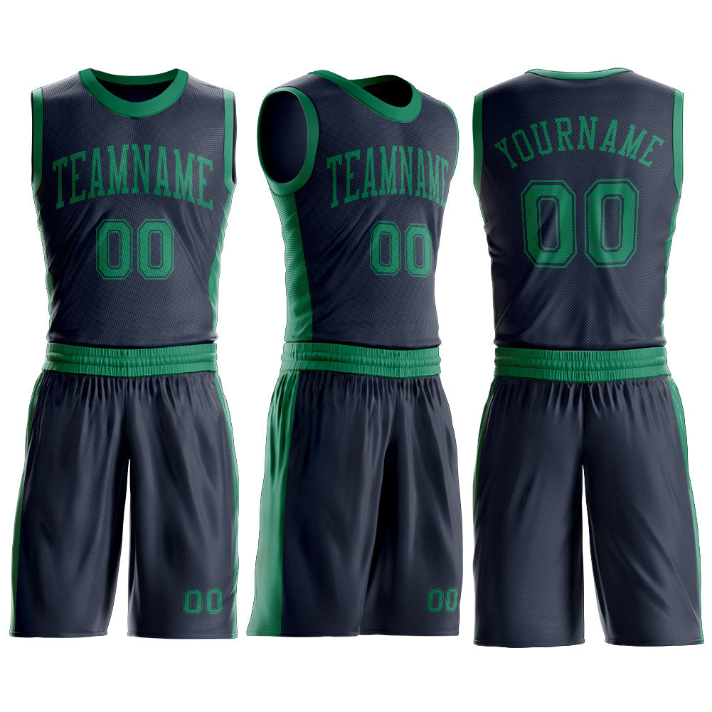 Custom Navy Kelly Green Round Neck Basketball Uniform Jersey