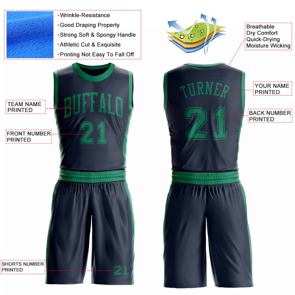 Custom Navy Kelly Green Round Neck Basketball Uniform Jersey