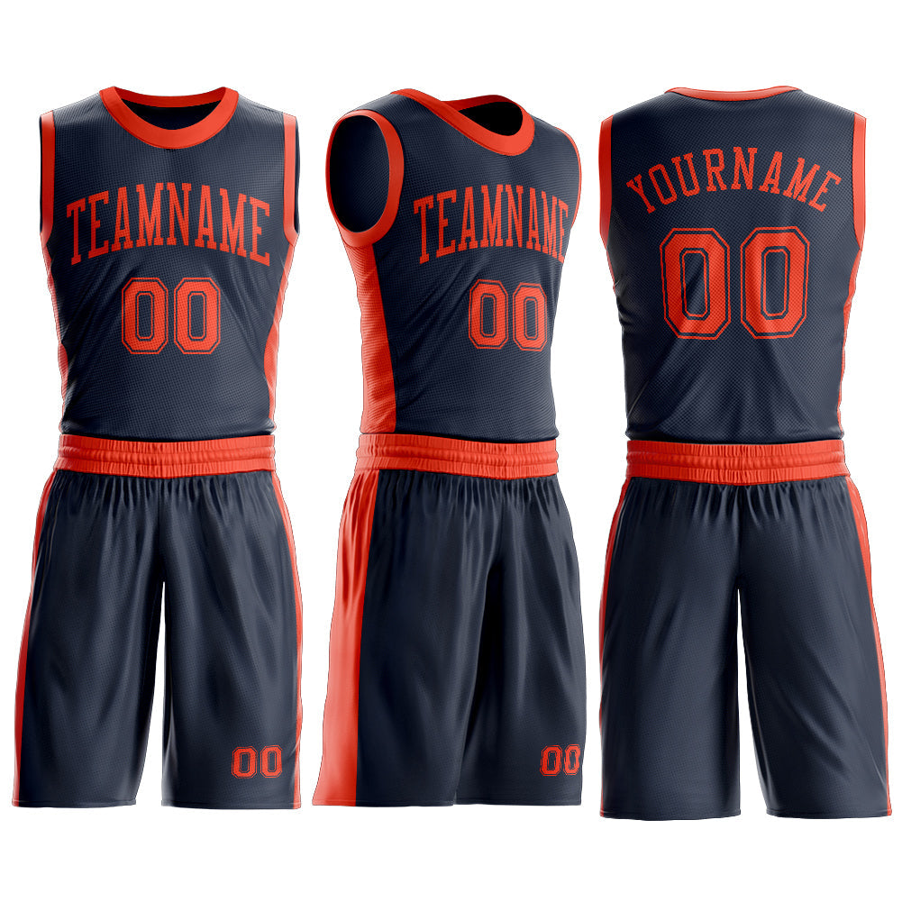 Custom Navy Orange Round Neck Basketball Uniform Jersey