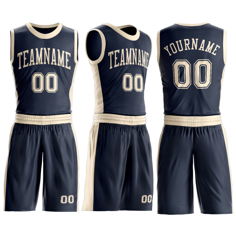 Custom Navy Cream Round Neck Basketball Uniform Jersey