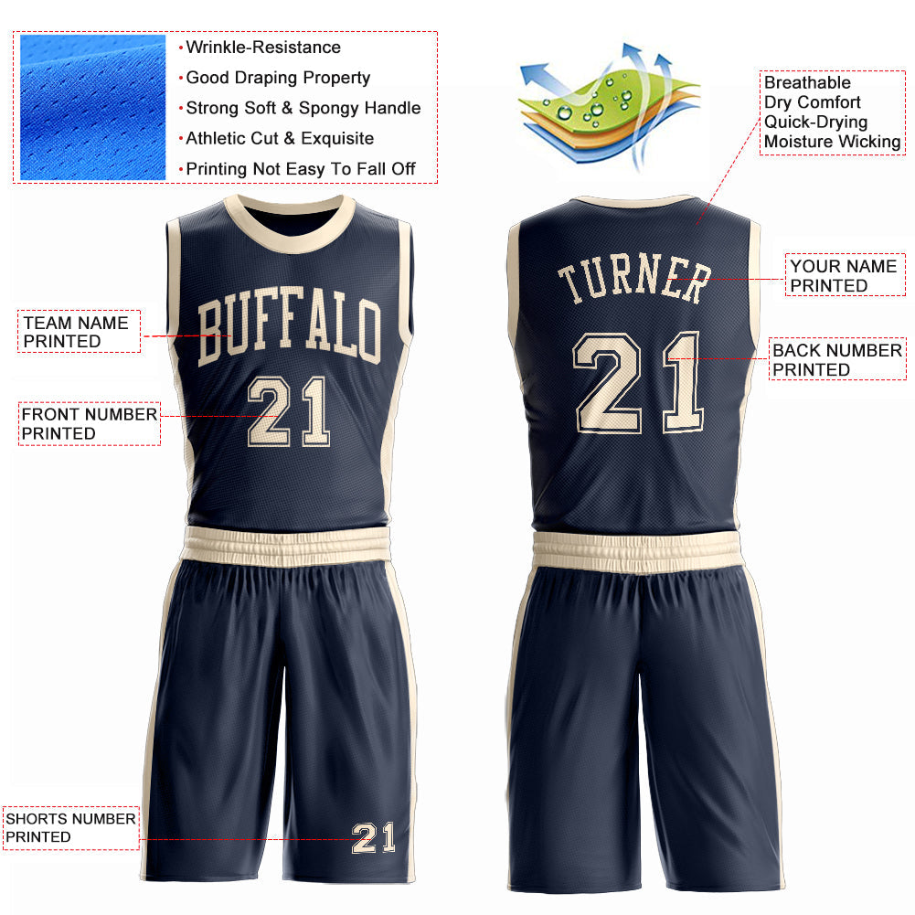 Custom Navy Cream Round Neck Basketball Uniform Jersey