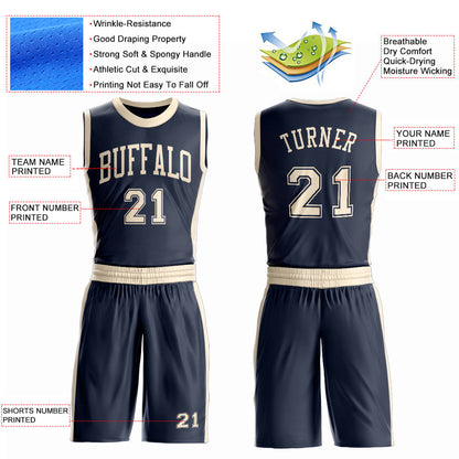 Custom Navy Cream Round Neck Basketball Uniform Jersey