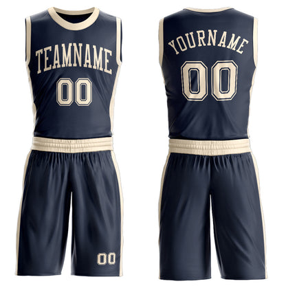 Custom Navy Cream Round Neck Basketball Uniform Jersey