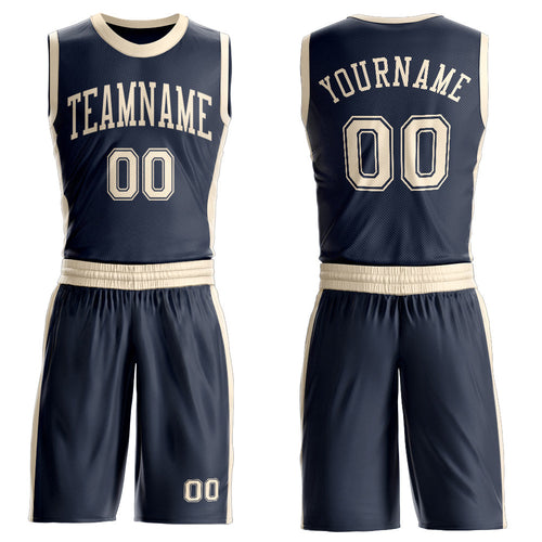 Custom Navy Cream Round Neck Basketball Uniform Jersey