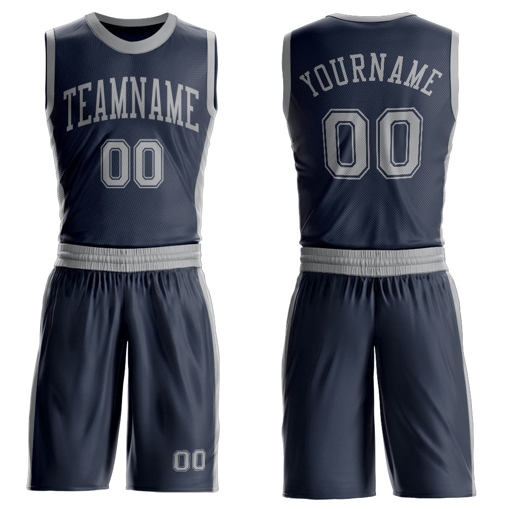 Custom Navy Gray Round Neck Basketball Uniform Jersey