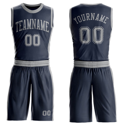 Custom Navy Gray Round Neck Basketball Uniform Jersey