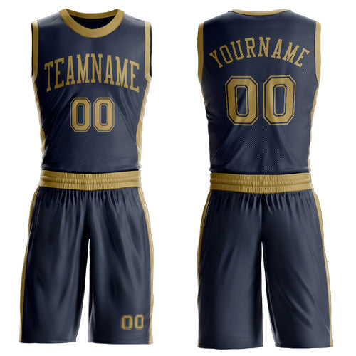 Custom Navy Old Gold Round Neck Basketball Uniform Jersey