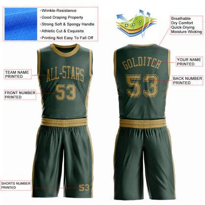 Custom Green Old Gold Round Neck Basketball Uniform Jersey