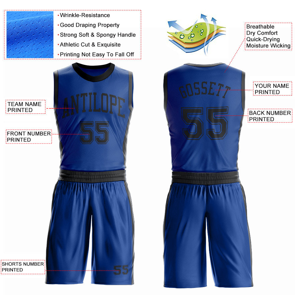Custom Royal Black Round Neck Basketball Uniform Jersey